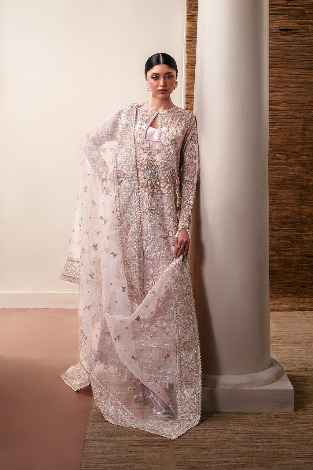 Emaan Adeel Pearl Essence S0485 embroidered organza suit in blush pink — front view