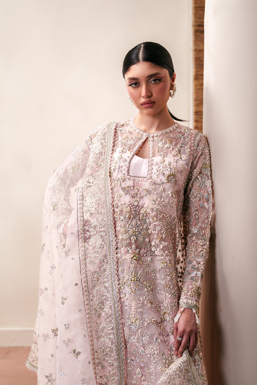 Emaan Adeel Pearl Essence S0485 embroidered organza suit in blush pink — upper-body view