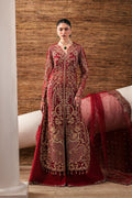 Emaan Adeel Ruby Veil S0480 embroidered organza suit in deep red — front view