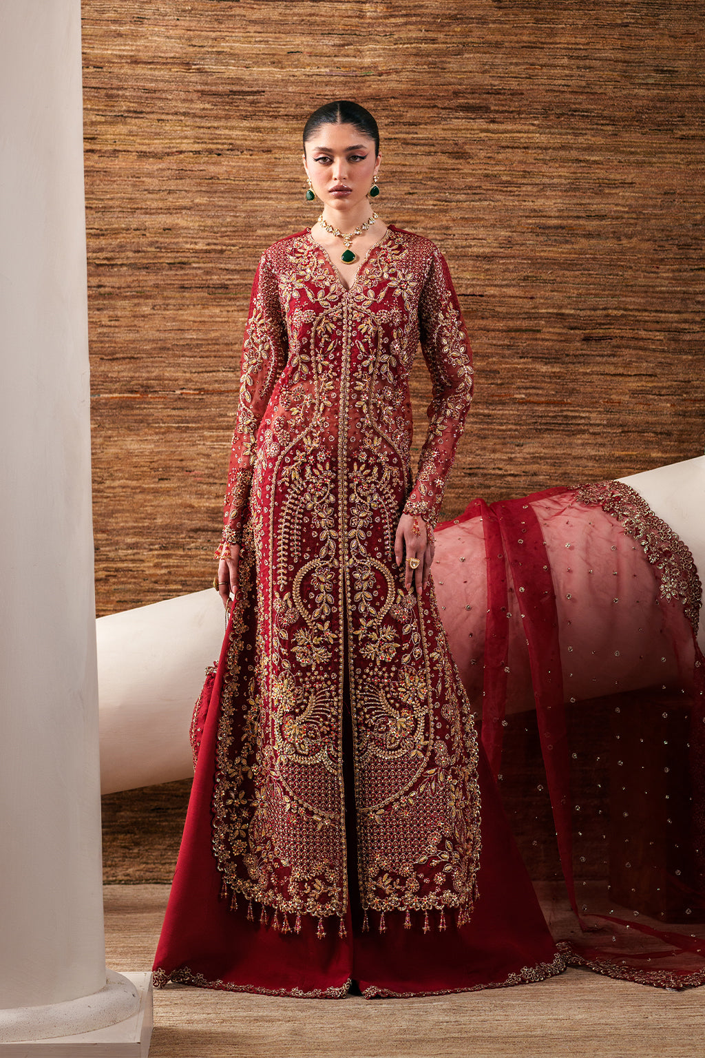 Emaan Adeel Ruby Veil S0480 embroidered organza suit in deep red — front view
