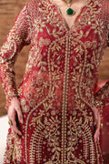 Emaan Adeel Ruby Veil S0480 embroidered organza suit in deep red — embroidery close-up