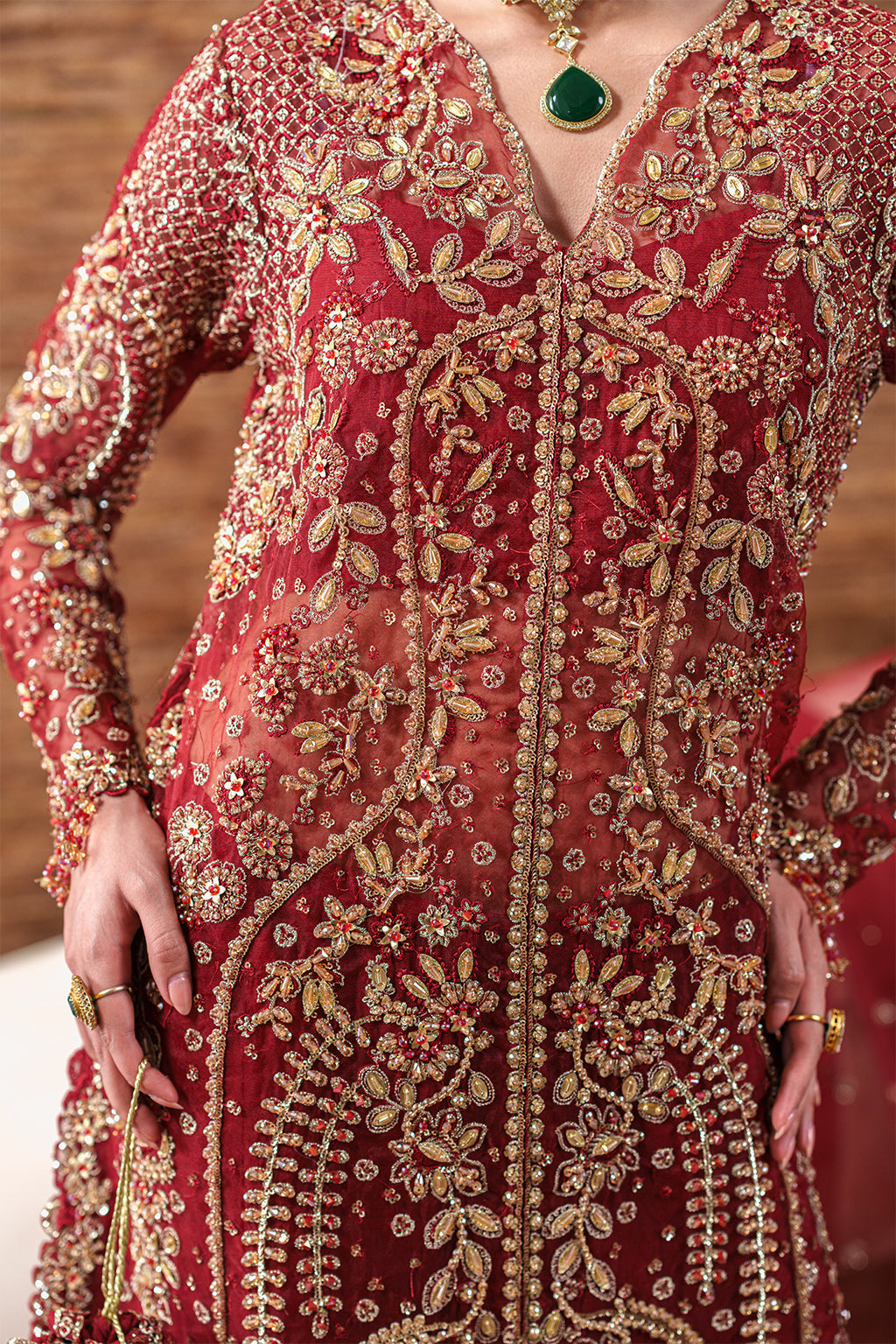 Emaan Adeel Ruby Veil S0480 embroidered organza suit in deep red — embroidery close-up