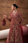 Emaan Adeel Ruby Veil S0480 embroidered organza suit in deep red — upper-body view