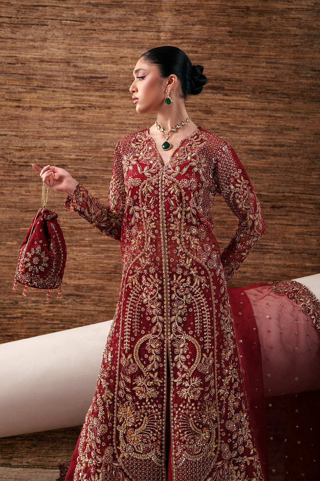 Emaan Adeel Ruby Veil S0480 embroidered organza suit in deep red — upper-body view