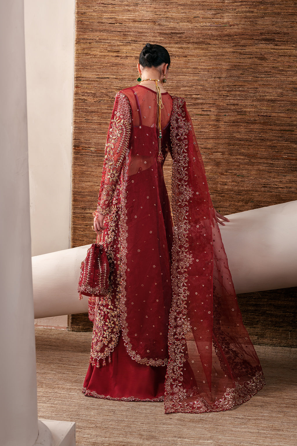 Emaan Adeel Ruby Veil S0480 embroidered organza suit in deep red — front view
