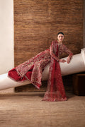 Emaan Adeel Ruby Veil S0480 embroidered organza suit in deep red — seated view