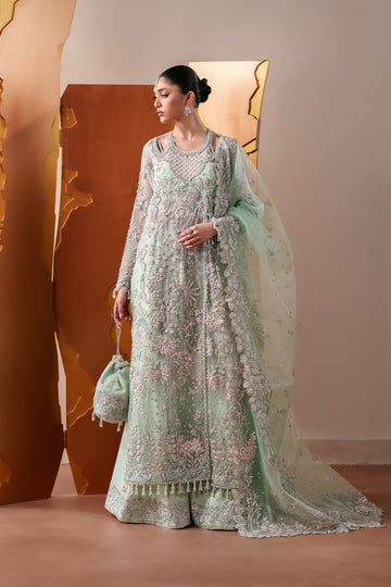 Emaan Adeel Moonstone Gleam S0487 embroidered organza dress in mint green — front view