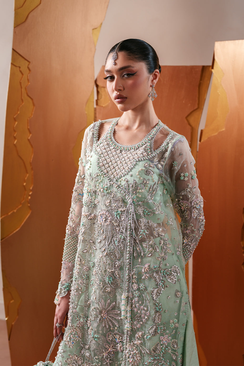 Emaan Adeel Moonstone Gleam S0487 embroidered organza dress in mint green — upper-body view