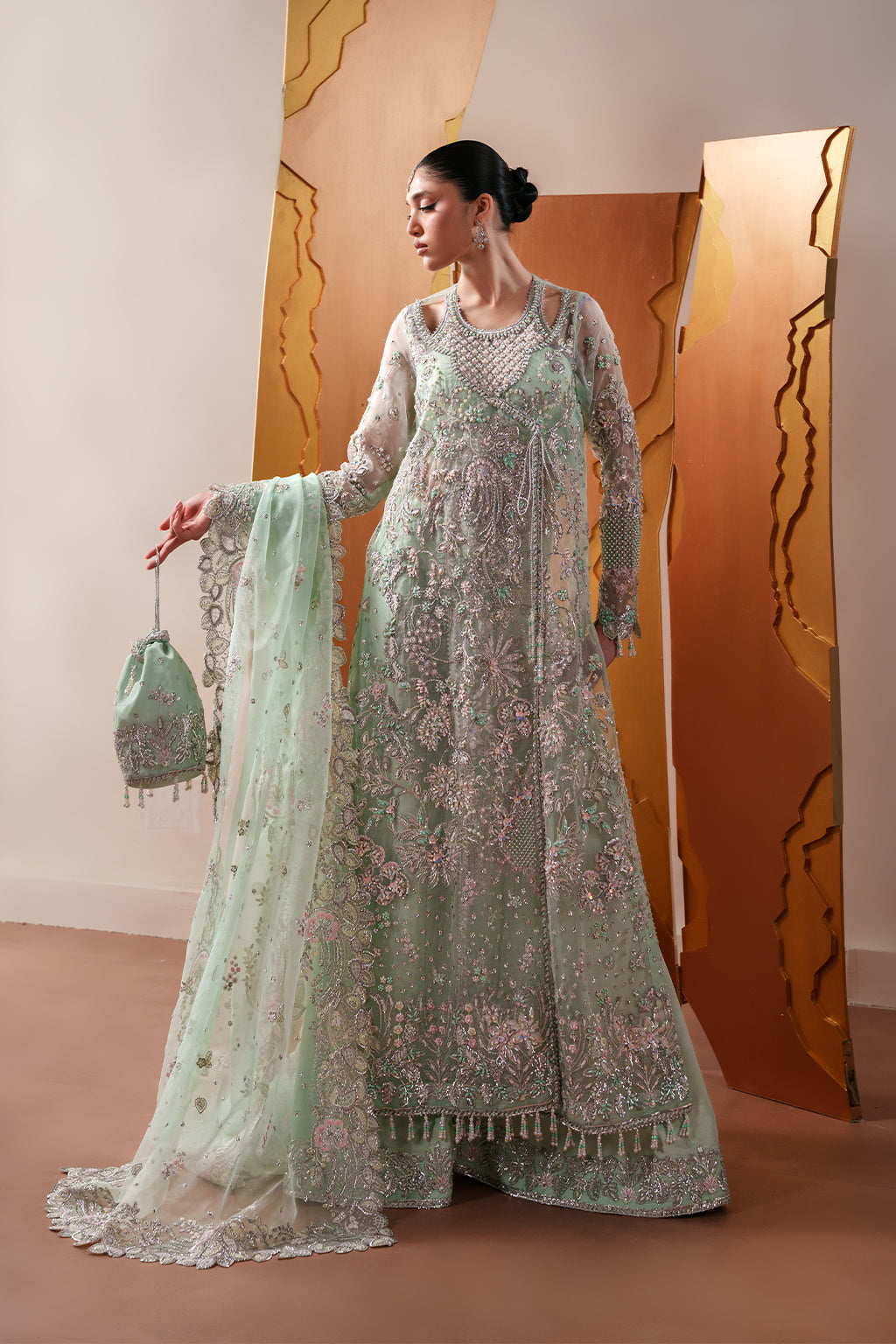 Emaan Adeel Moonstone Gleam S0487 embroidered organza dress in mint green — front view