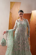 Emaan Adeel Moonstone Gleam S0487 embroidered organza dress in mint green — front view