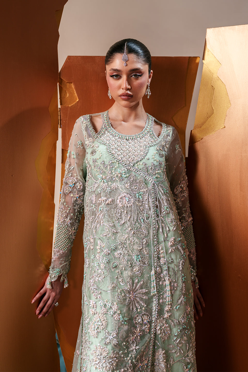 Emaan Adeel Moonstone Gleam S0487 embroidered organza dress in mint green — front view