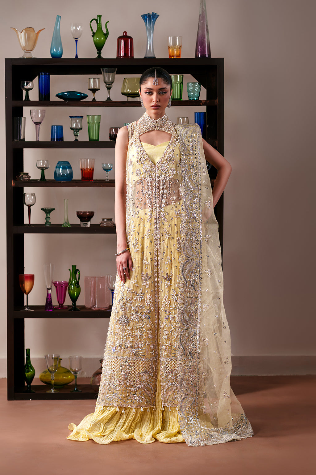 Emaan Adeel Lemon Quartz S0482 embroidered organza suit in pale yellow — front view