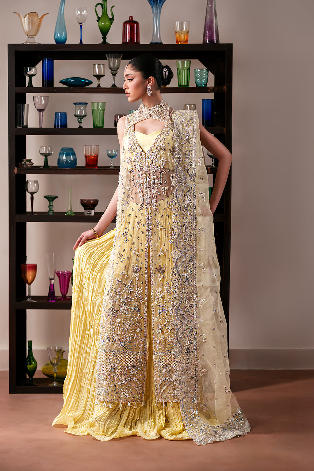 Emaan Adeel Lemon Quartz S0482 embroidered organza suit in pale yellow — front view