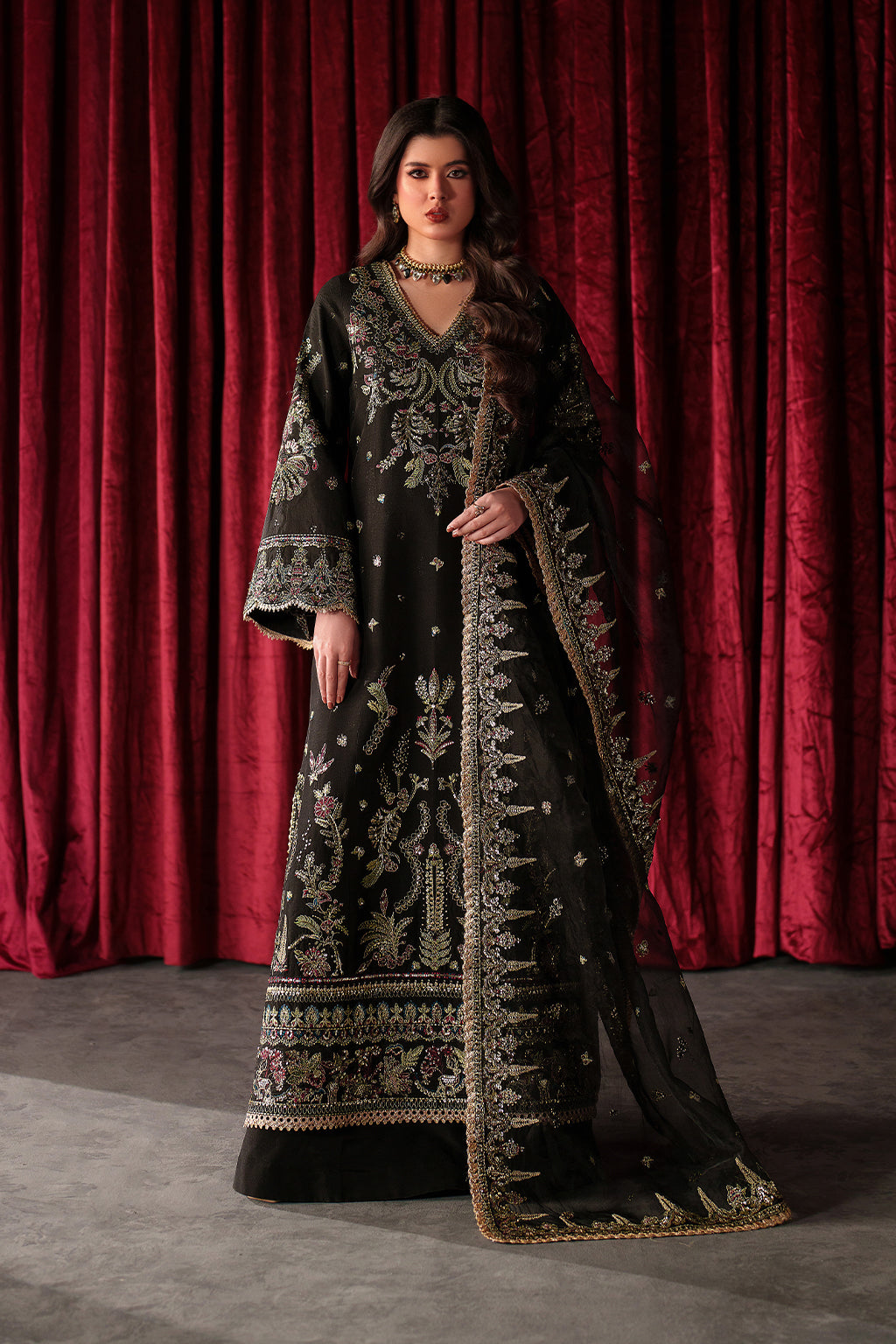 Emaan Adeel Luce S0515 embroidered raw silk suit in black — front view
