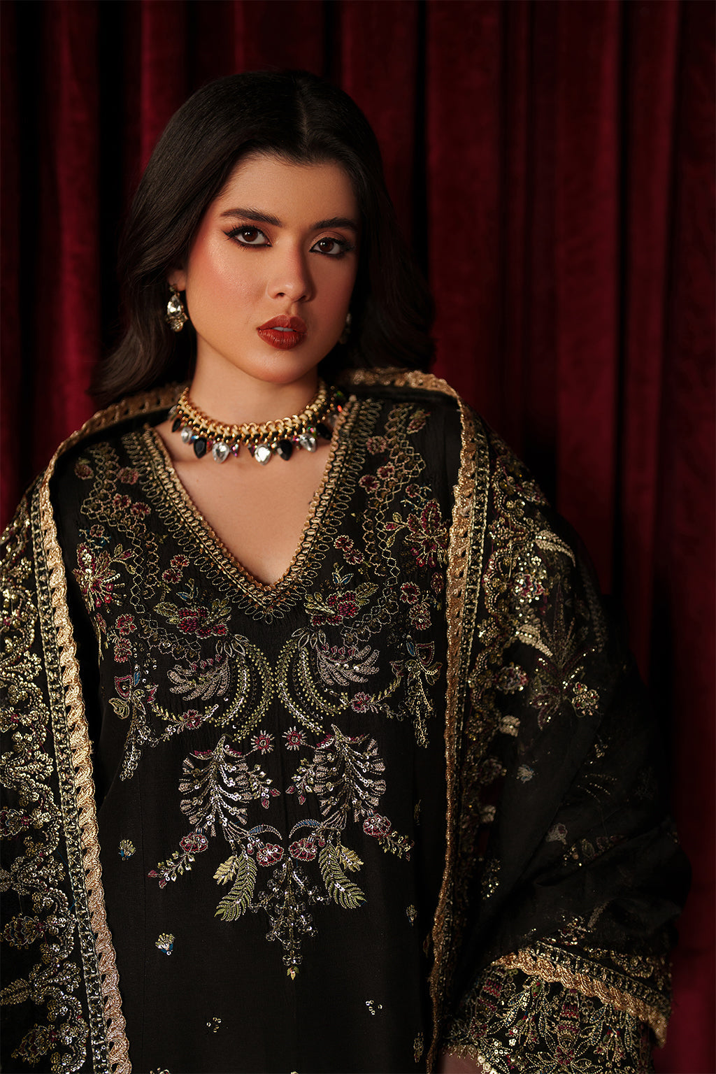 Emaan Adeel Luce S0515 embroidered raw silk suit in black — upper-body view