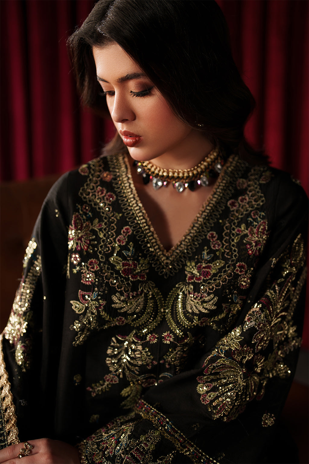 Emaan Adeel Luce S0515 embroidered raw silk suit in black — upper-body view