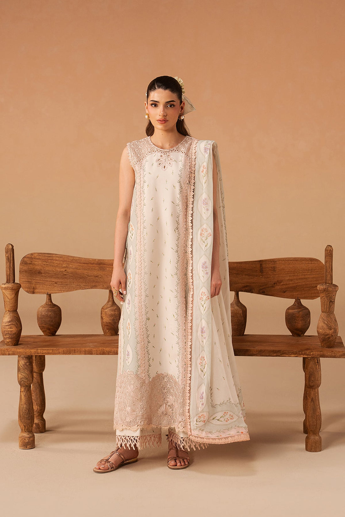 Model wearing Afrozeh Haze Sunnival Ivory shirt & trouser set