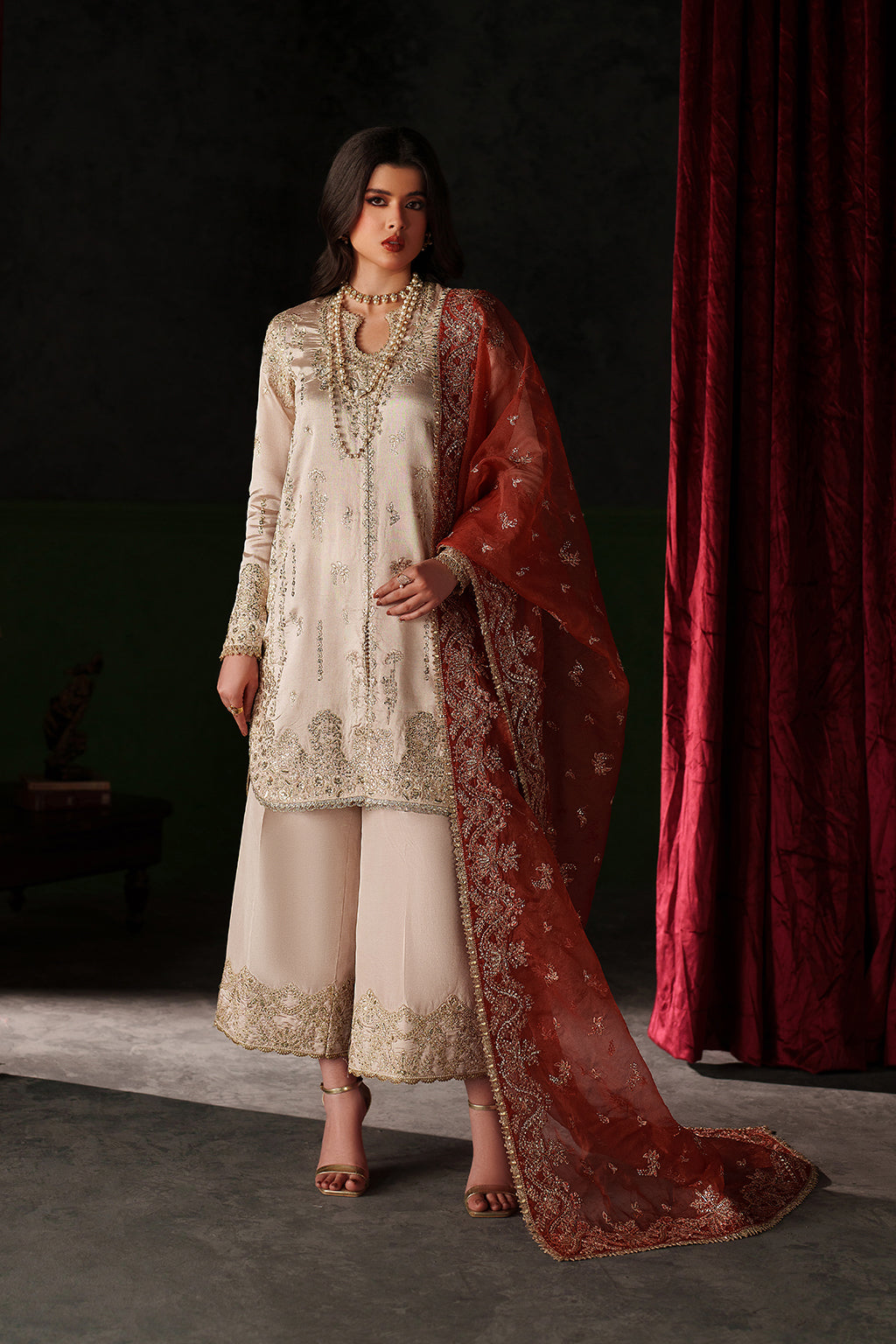 Emaan Adeel Poise S0517 embroidered raw silk suit in ivory — front view