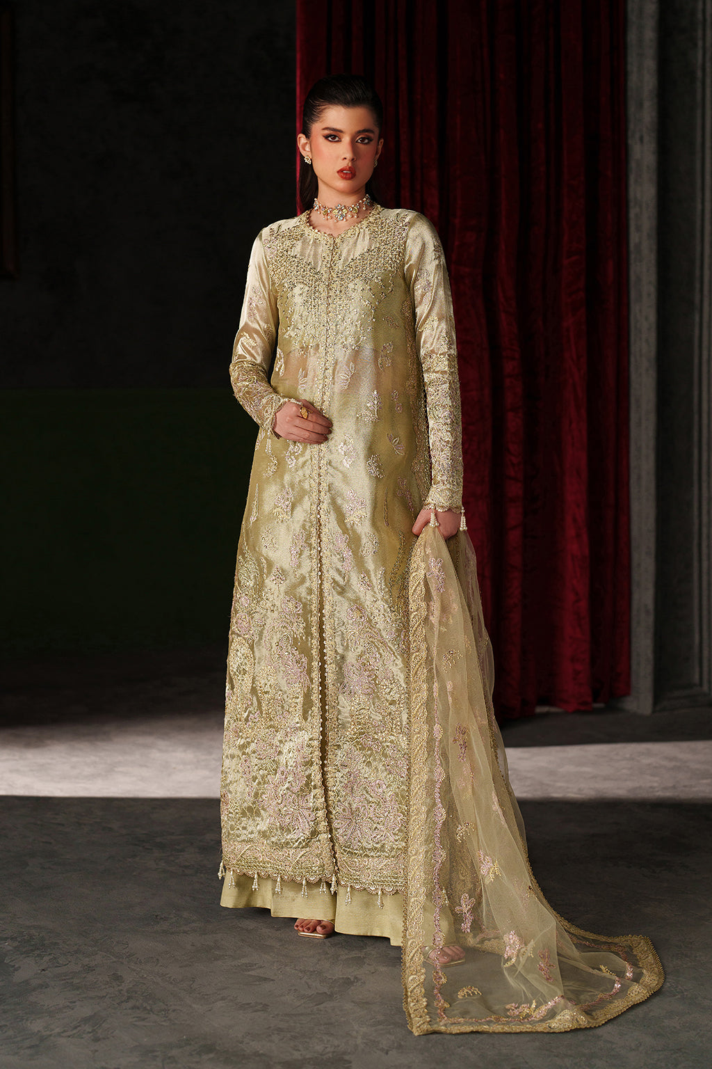 Emaan Adeel Zelie S0520 embroidered mesoury suit in pale yellow green — front view