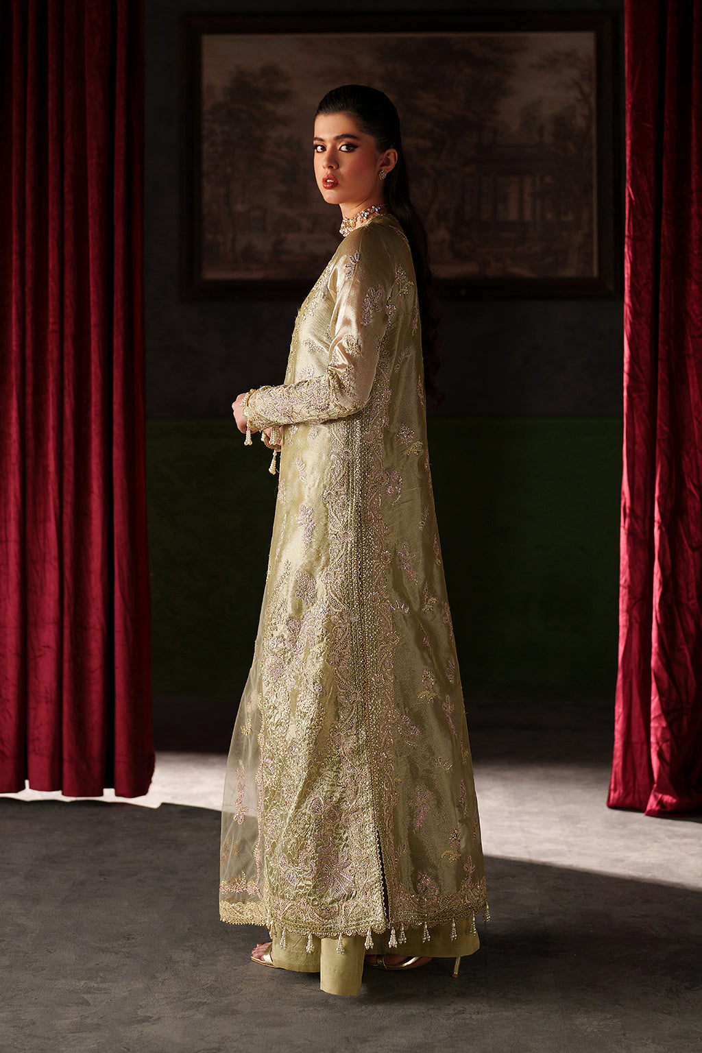 Emaan Adeel Zelie S0520 embroidered mesoury suit in pale yellow green — front view