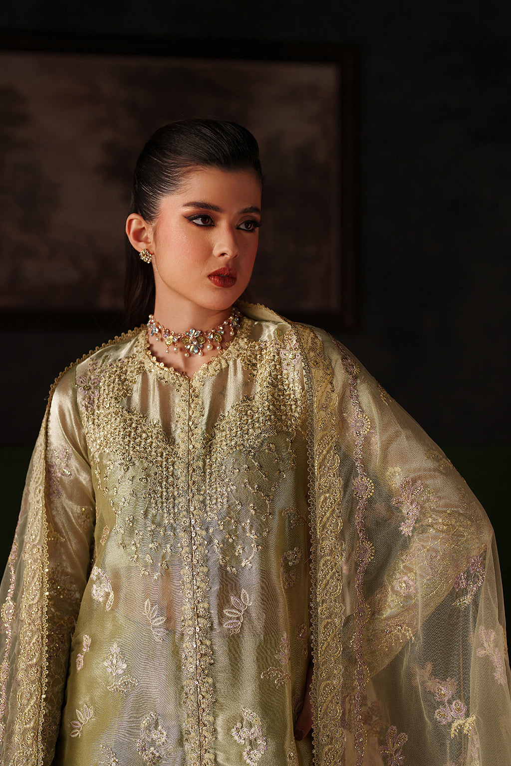 Emaan Adeel Zelie S0520 embroidered mesoury suit in pale yellow green — upper-body view
