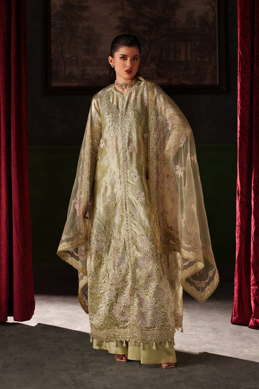 Emaan Adeel Zelie S0520 embroidered mesoury suit in pale yellow green — front view