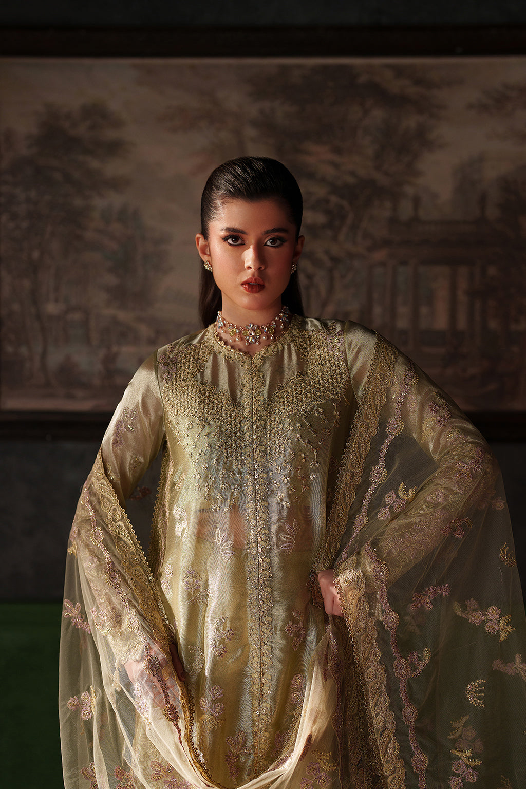 Emaan Adeel Zelie S0520 embroidered mesoury suit in pale yellow green — upper-body view