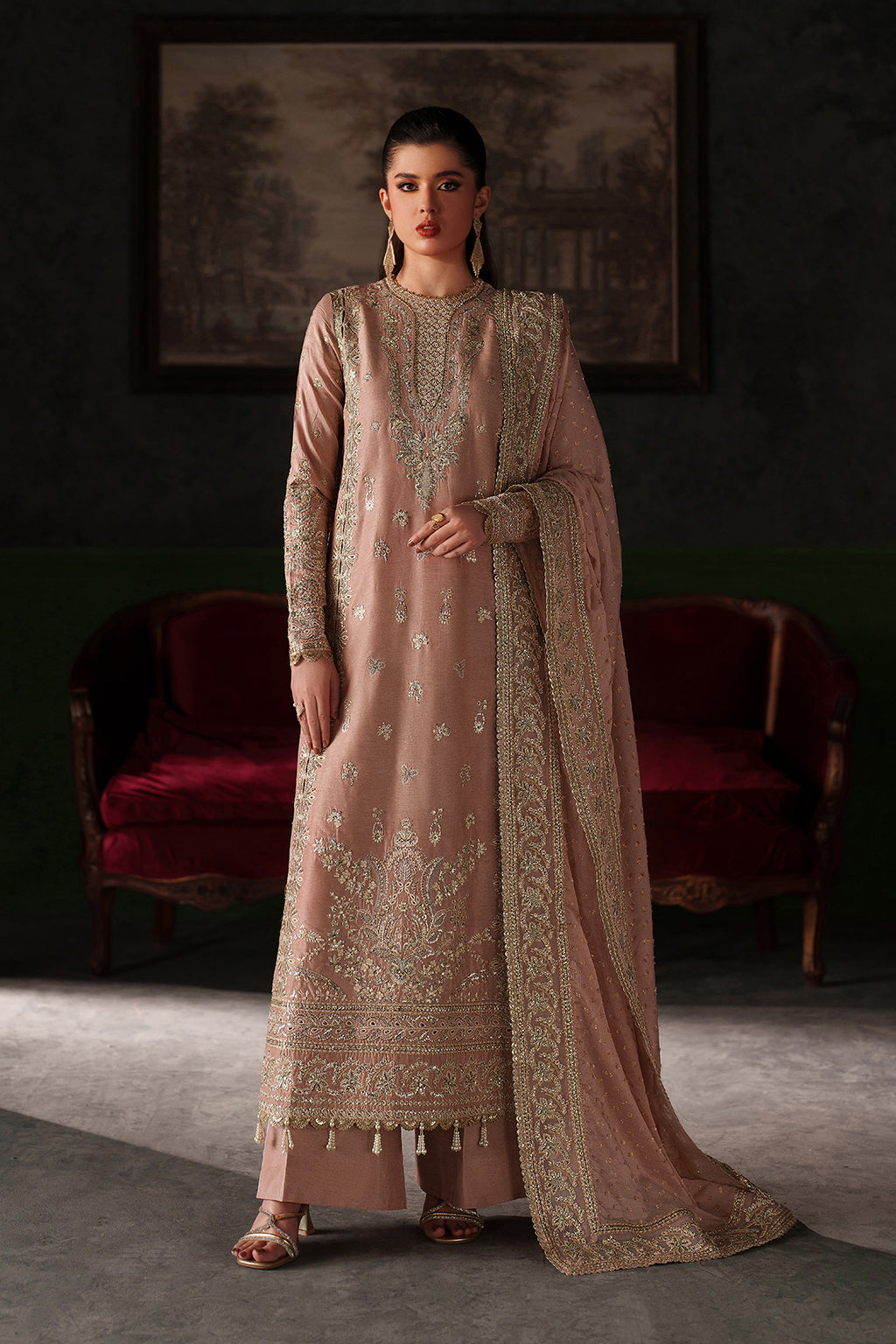 Emaan Adeel Vesper S0518 embroidered raw silk suit in dusty pink — front view