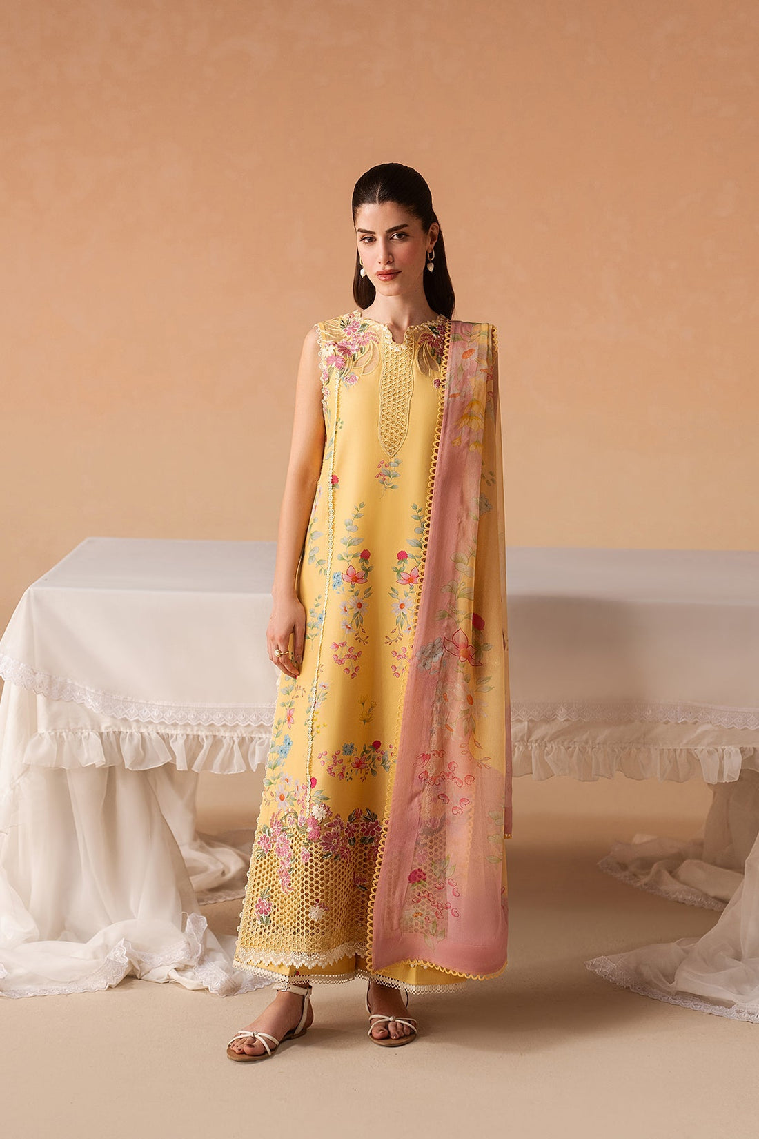 Model wearing Afrozeh Haze Evania Yellow shirt & trouser set