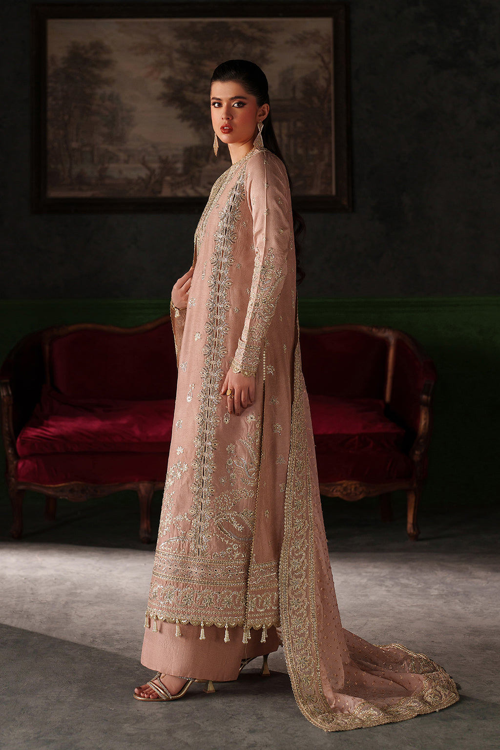 Emaan Adeel Vesper S0518 embroidered raw silk suit in dusty pink — side view