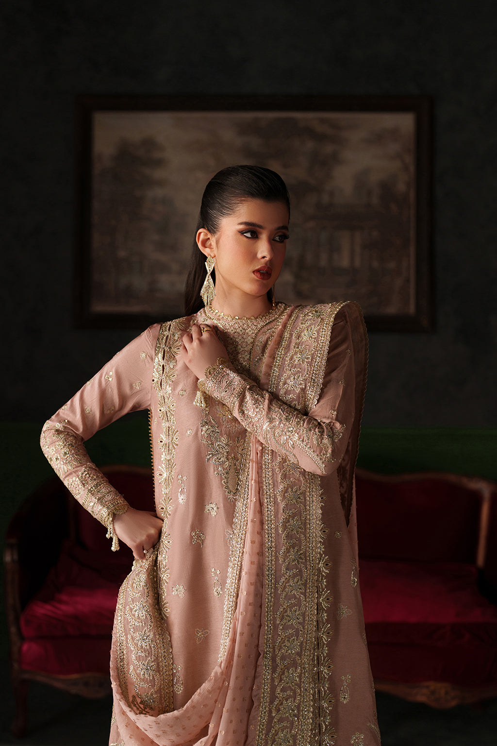 Emaan Adeel Vesper S0518 embroidered raw silk suit in dusty pink — upper-body view