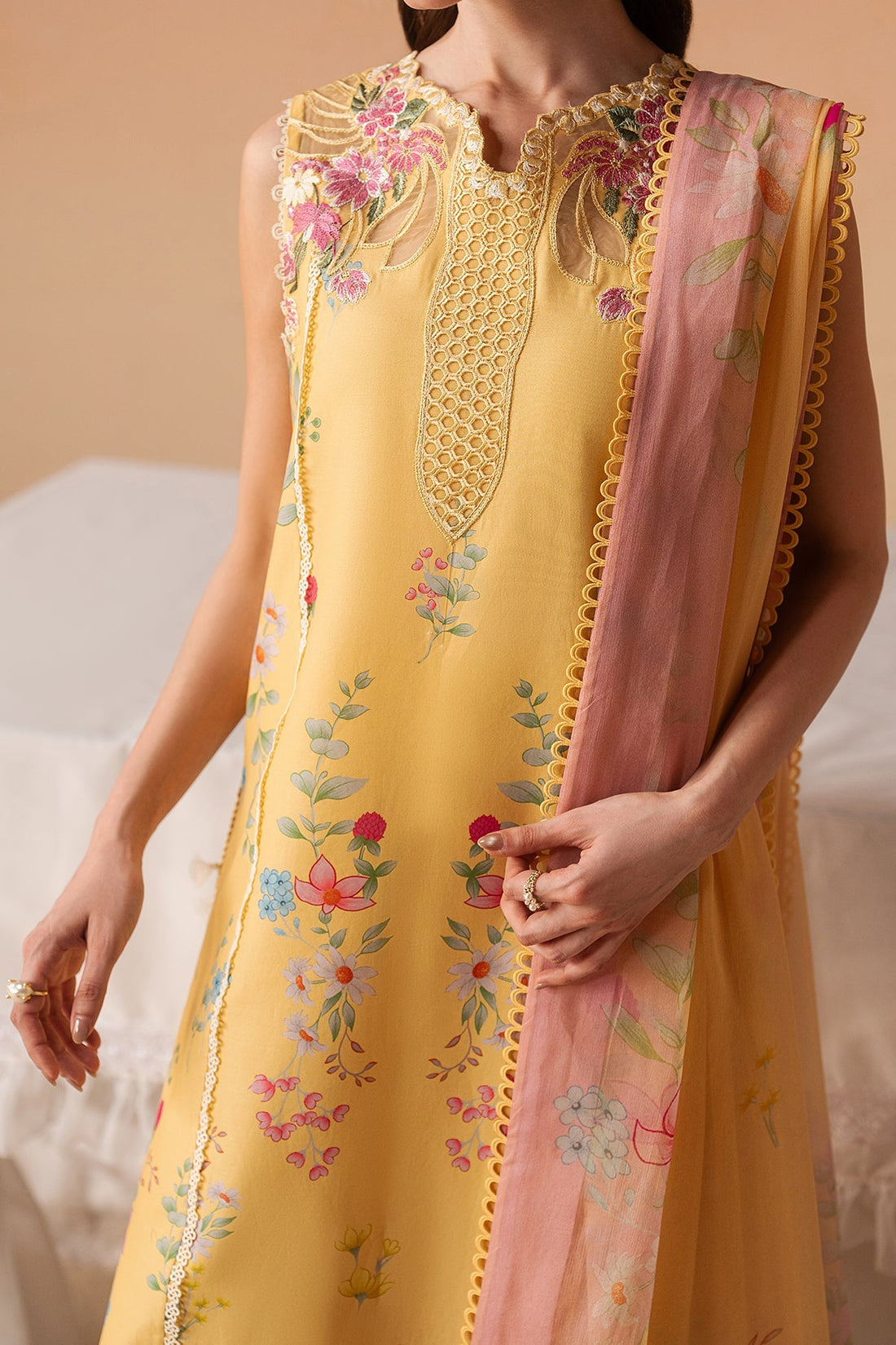 Model wearing Afrozeh Haze Evania Yellow shirt & trouser set