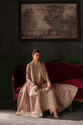 Emaan Adeel Vesper S0518 embroidered raw silk suit in dusty pink — seated view