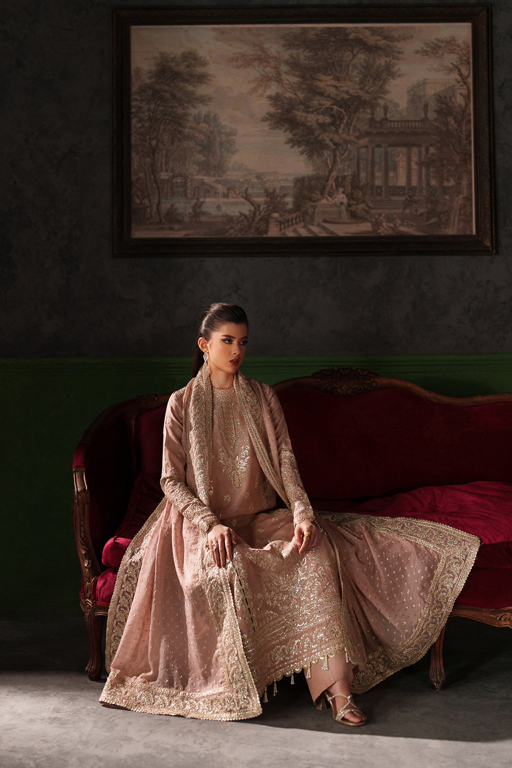 Emaan Adeel Vesper S0518 embroidered raw silk suit in dusty pink — seated view