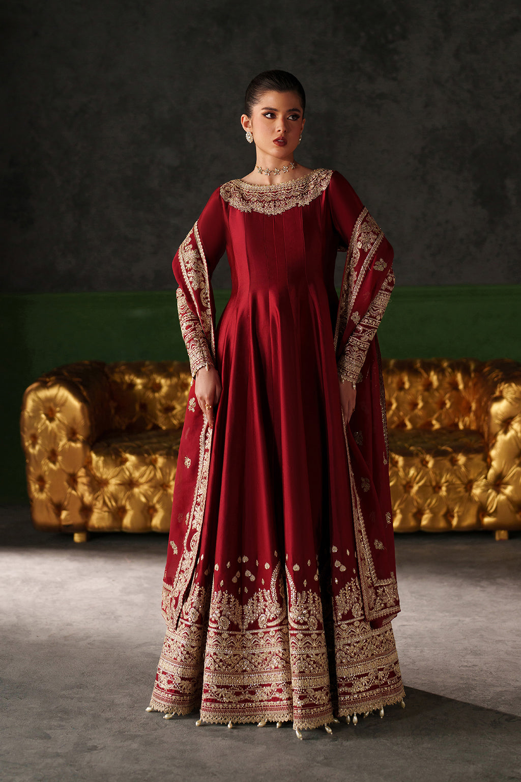 Emaan Adeel Onyx Muse S0513 embroidered raw silk dress in deep red — front view