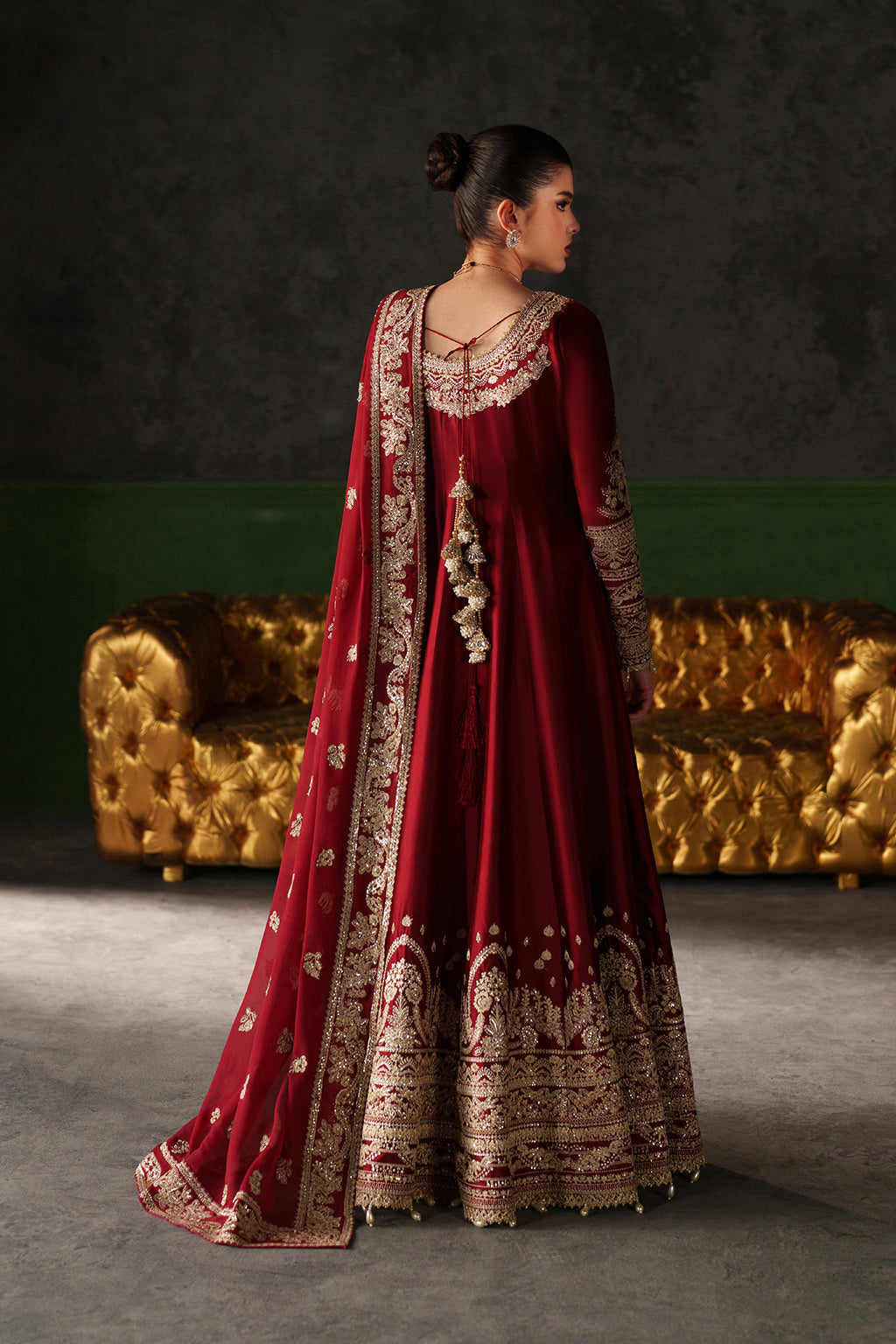 Emaan Adeel Onyx Muse S0513 embroidered raw silk dress in deep red — back view