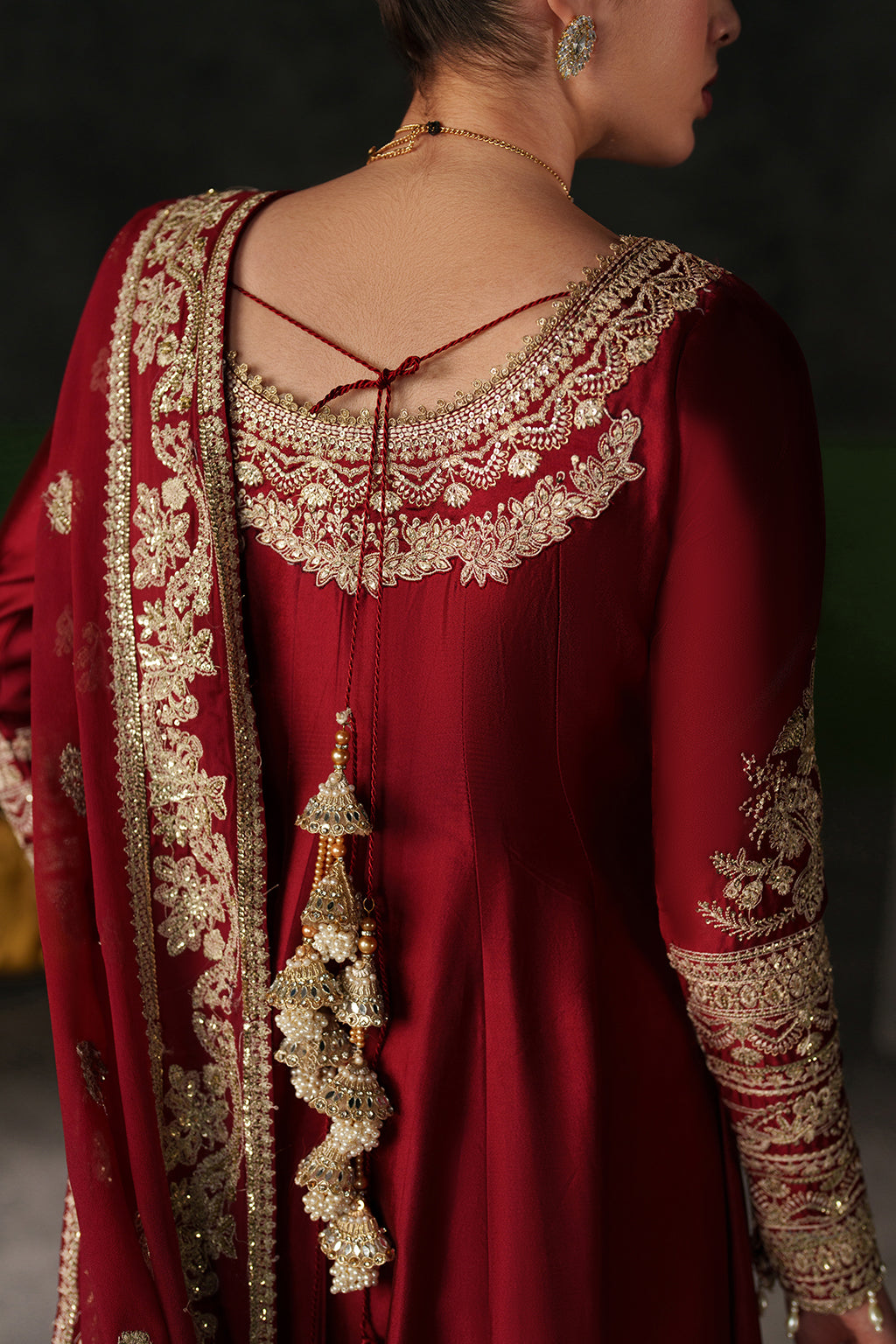 Emaan Adeel Onyx Muse S0513 embroidered raw silk dress in deep red — upper-back view