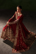 Emaan Adeel Onyx Muse S0513 embroidered raw silk dress in deep red — seated view