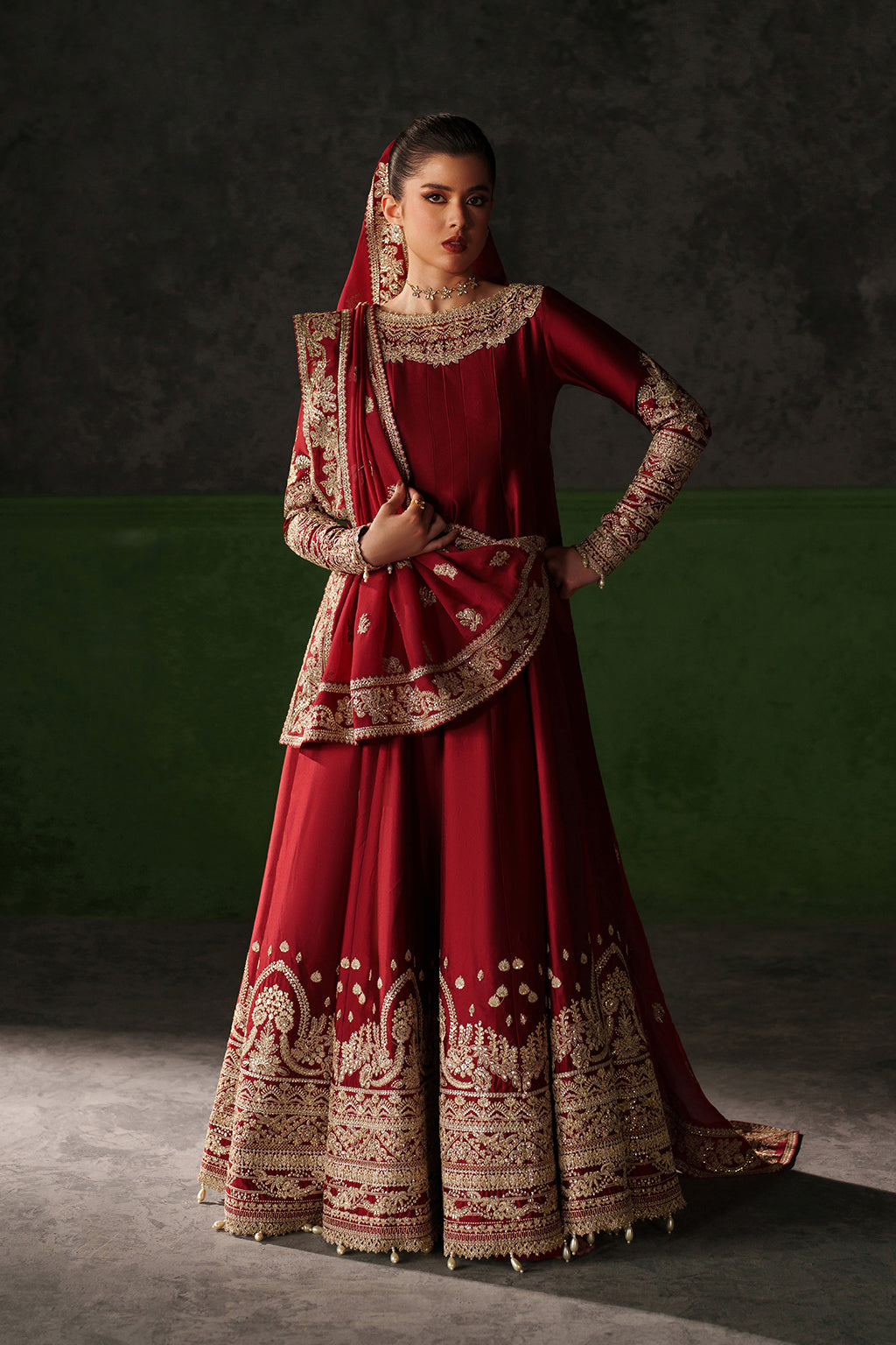 Emaan Adeel Onyx Muse S0513 embroidered raw silk dress in deep red — front view