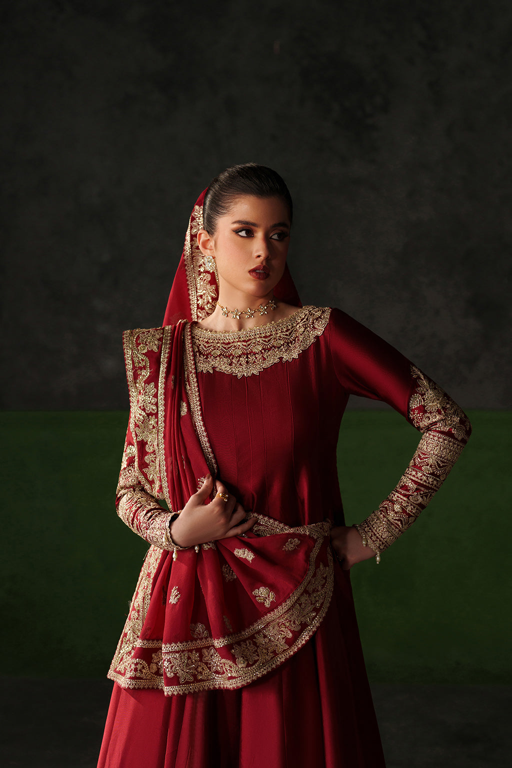 Emaan Adeel Onyx Muse S0513 embroidered raw silk dress in deep red — upper-body view