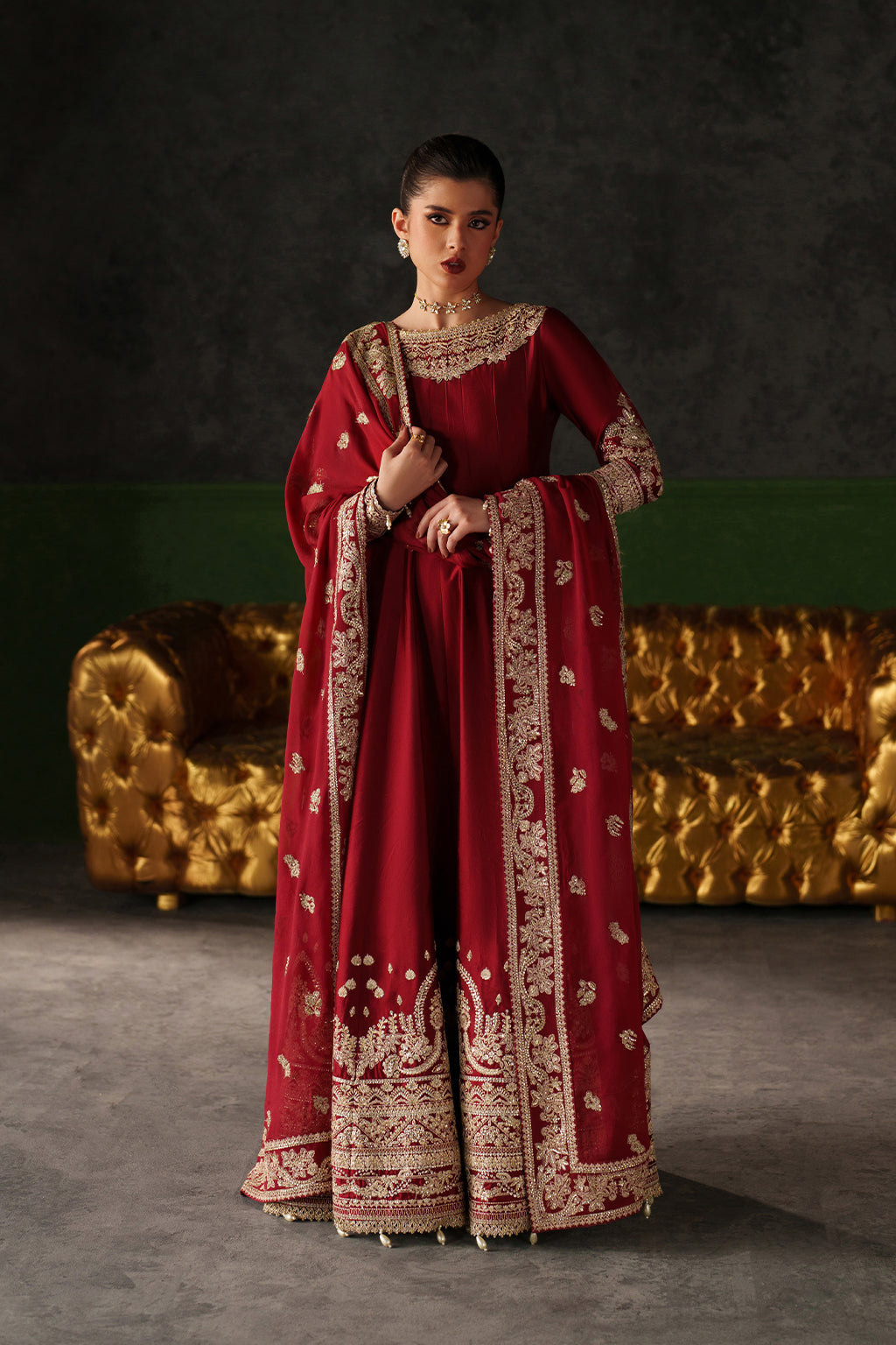 Emaan Adeel Onyx Muse S0513 embroidered raw silk dress in deep red — front view