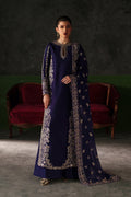 Emaan Adeel Azure Sapphire S0514 embroidered raw silk suit in navy blue — front view