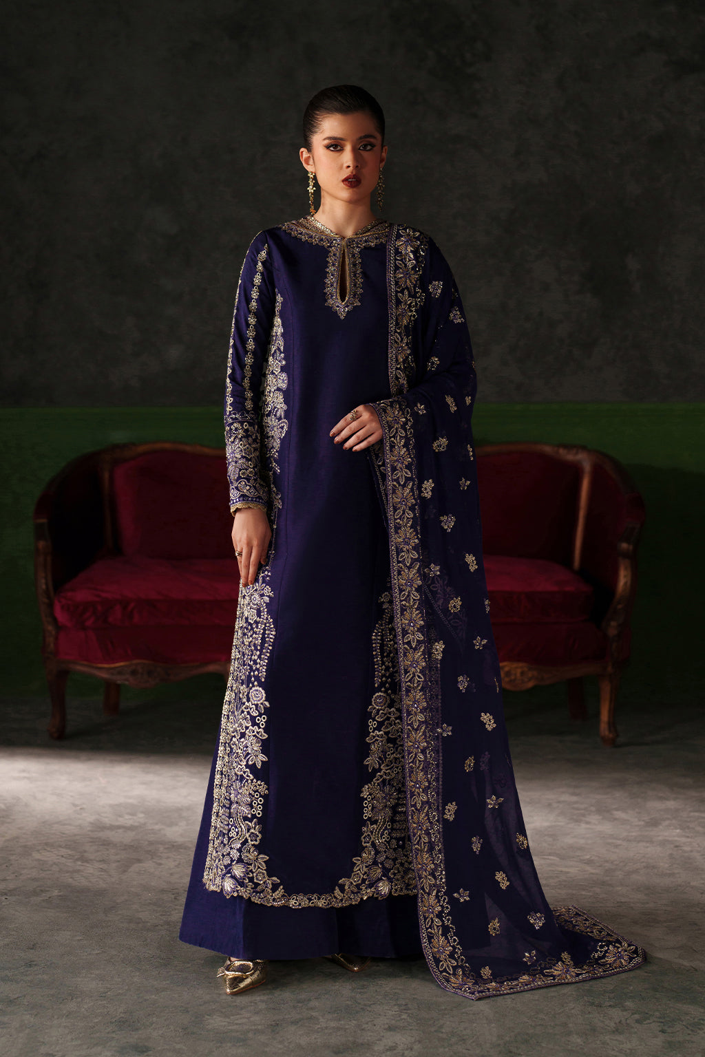 Emaan Adeel Azure Sapphire S0514 embroidered raw silk suit in navy blue — front view