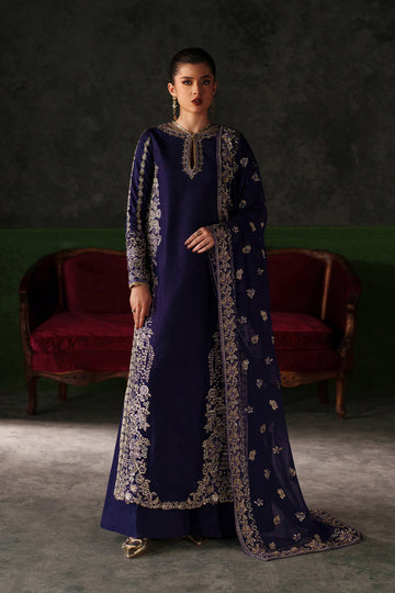 Emaan Adeel Azure Sapphire S0514 embroidered raw silk suit in navy blue — front view