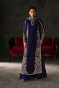 Emaan Adeel Azure Sapphire S0514 embroidered raw silk suit in navy blue — front view
