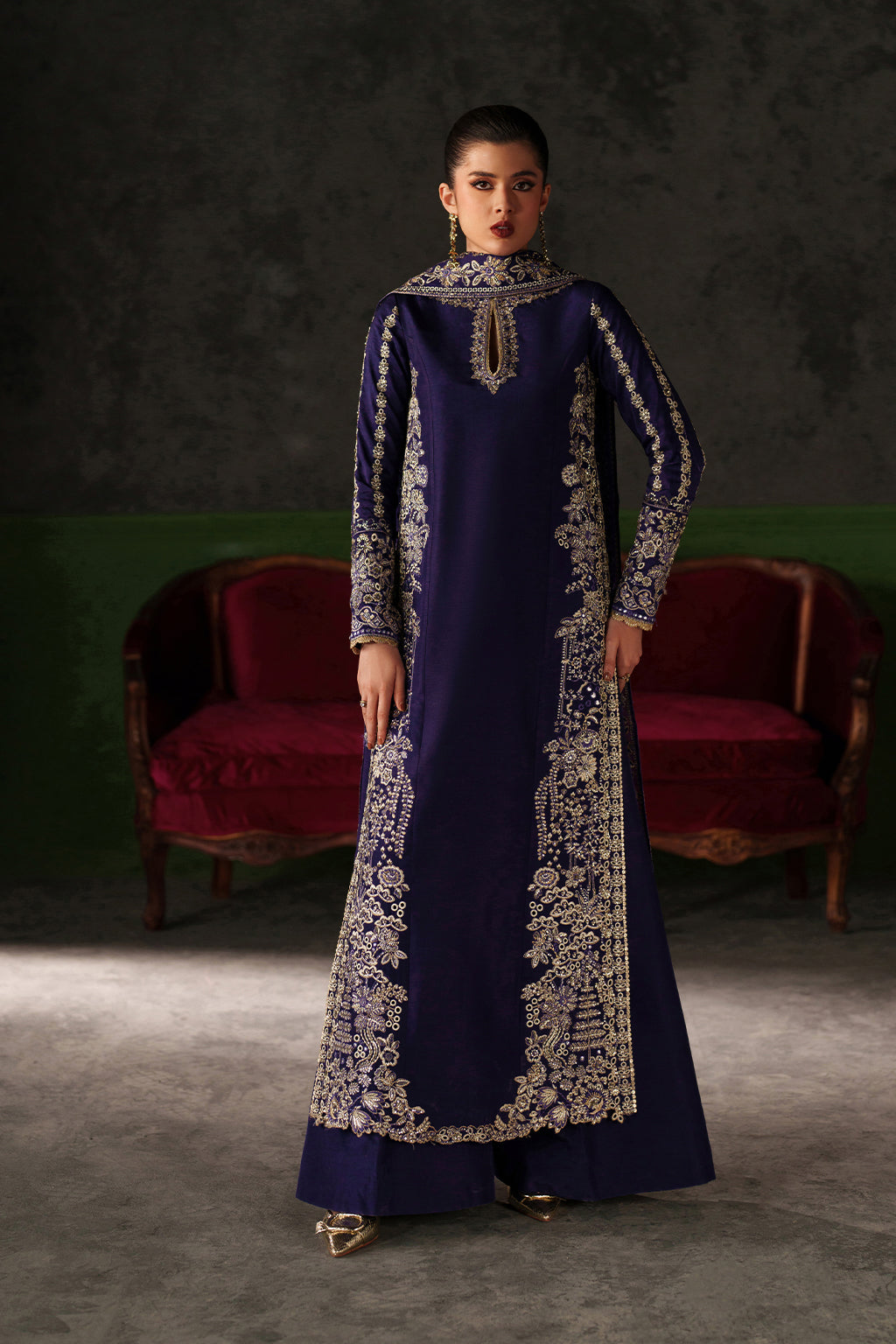 Emaan Adeel Azure Sapphire S0514 embroidered raw silk suit in navy blue — front view