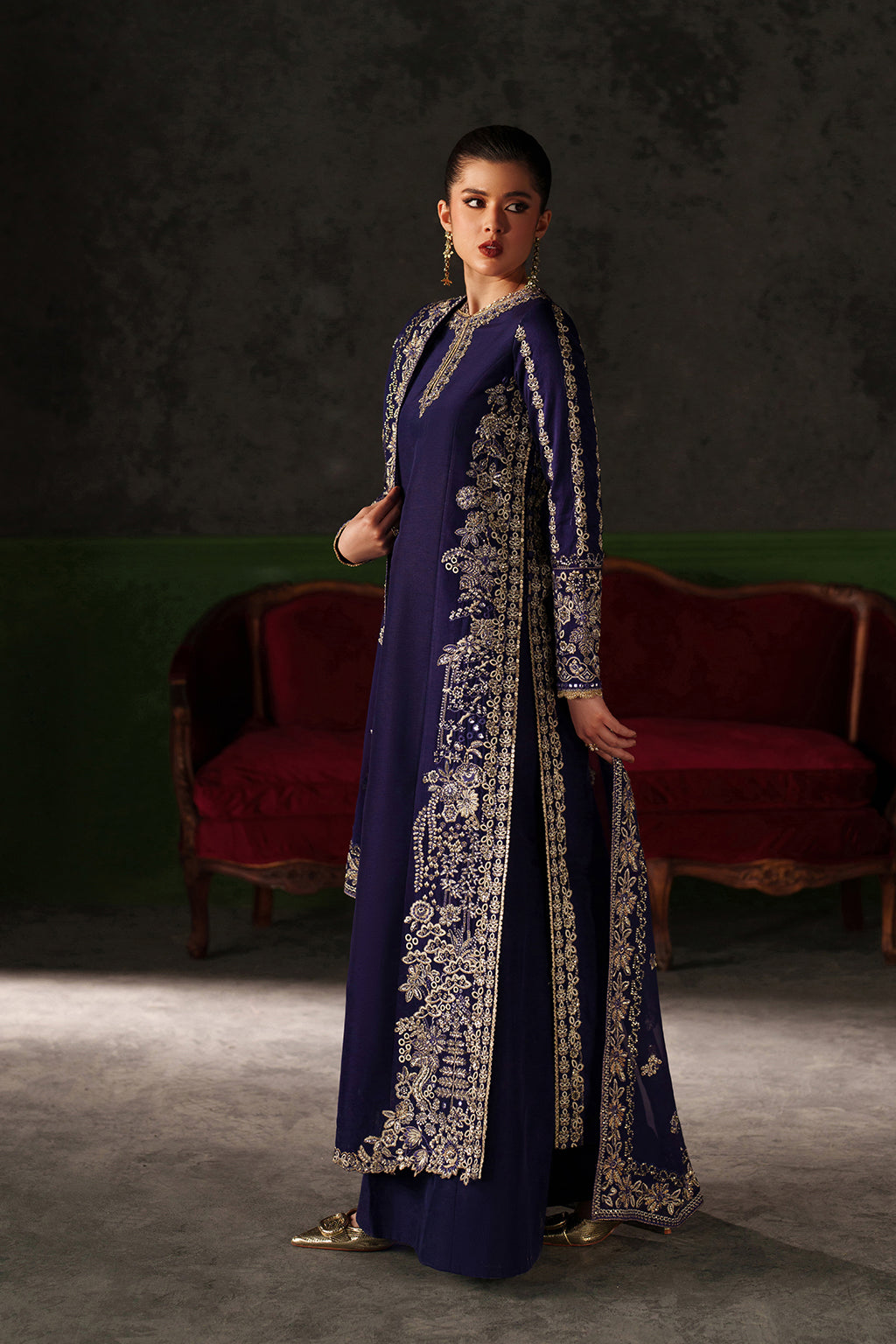 Emaan Adeel Azure Sapphire S0514 embroidered raw silk suit in navy blue — side view
