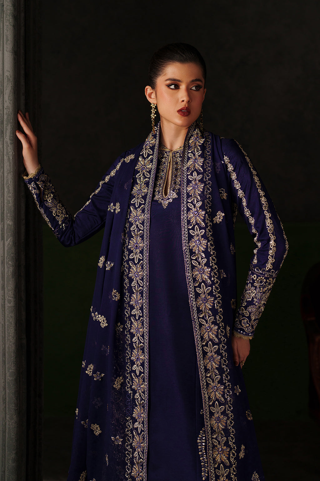 Emaan Adeel Azure Sapphire S0514 embroidered raw silk suit in navy blue — upper-body view