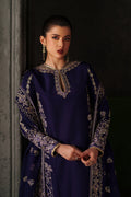 Emaan Adeel Azure Sapphire S0514 embroidered raw silk suit in navy blue — upper-body view