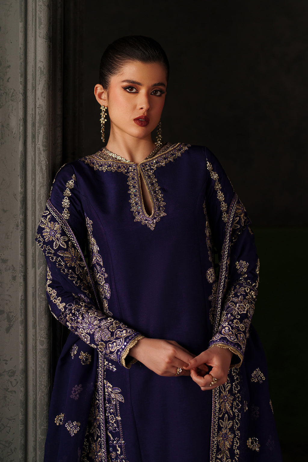 Emaan Adeel Azure Sapphire S0514 embroidered raw silk suit in navy blue — upper-body view